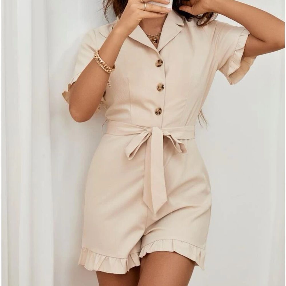 Button Up Ruffle Hem Belted Romper